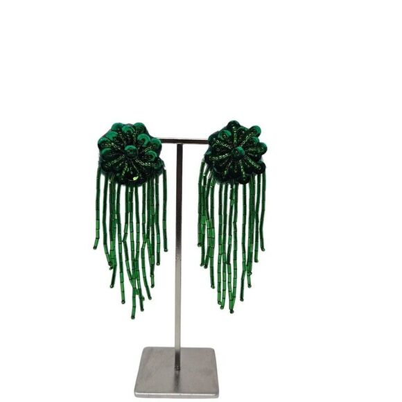 Vintage Handmade Green Beaded Tassel Clip-On Earrings - Picture 1 of 7